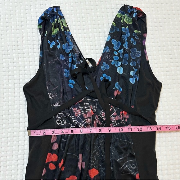 Desigual Faux Wrap Graffiti Mini Dress Mesh Overlay Belt Black Womens Size Large - Picture 5 of 6